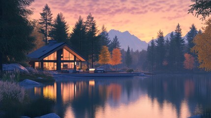 Fototapeta premium A modern, cozy cabin nestled on the shore of a calm lake, surrounded by lush trees and majestic mountains. The warm sunset casts a golden glow over the scene, creating a serene and inviting atmosphere