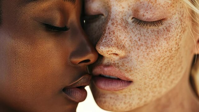 A close-up shot of two people's faces, one with dark skin and the other with freckles, their noses and lips touching