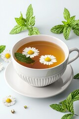 Herbal tea with mint leaves and daisies, served in a white cup on a soft background.