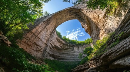 Wide-angle shot of the massive limestone arches of the Three Natural Bridges, with steep rock faces and lush green foliage. No people included.