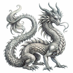 Obraz premium Vector black and white illustration, dragon with girl figure on white background, fictional character tattoo sketch, vector illustration. tattoo template