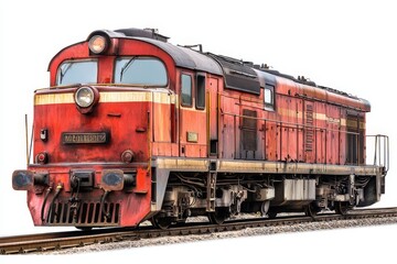 A powerful red diesel locomotive, isolated on a white background, ready to transport cargo or passengers. This image symbolizes strength, transportation, industry, power, and travel.
