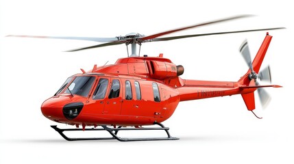 A vibrant red helicopter isolated on a white background, ready for takeoff, symbolizing adventure, transportation, aerial views, exploration, and speed.