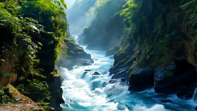 A mighty river flowing through a narrow canyon