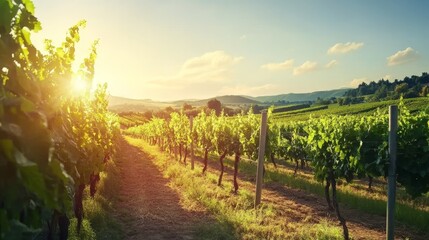Fototapeta premium Rows of lush grapevines bask in the warm glow of the setting sun, symbolizing abundance, harvest, and the beauty of nature.