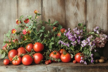 A rustic still life featuring fresh tomatoes, herbs, and flowers, symbolizing abundance, nature, freshness, growth, and harvest.