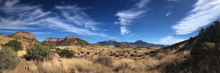 A scenic view of a mountain valley with a blue sky and white clouds. The valley is covered in dry grass and scattered trees, with towering mountains in the background. This image represents peace, nat