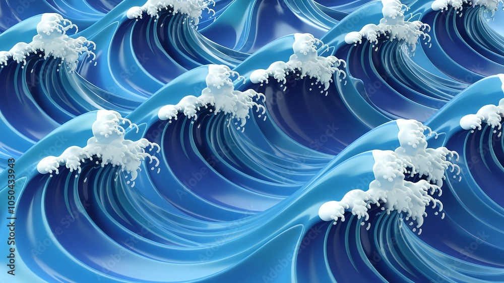 Aufkleber A dynamic exploration of simplified japanese style ocean waves vibrant patterns in blue tones with white foamy crests