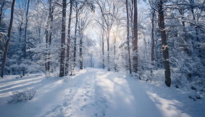 Winter scene with path in the forest, full of snow