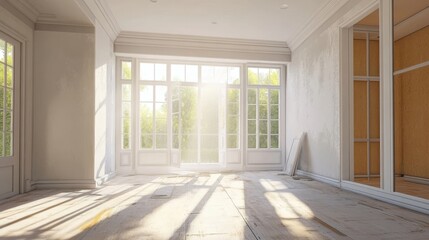 Obraz premium A spacious room undergoing renovation with large windows that let in ample sunlight, creating a bright and airy atmosphere. The room features white walls, wooden floors, and a view of greenery outside
