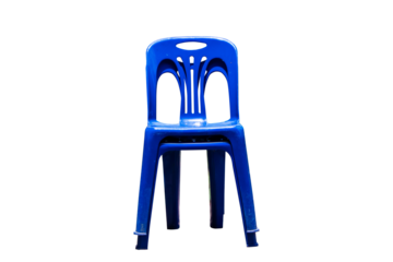 Front of old plastic chair blue furniture, stool two stacked isolated on cut out PNG or transparent background. Clipping path. Used in the business of organizing parties with sit back and relax. 