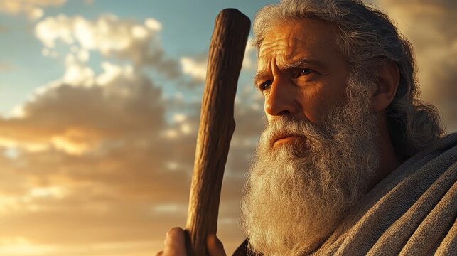 A weathered prophet, with a long white beard and staff, looks towards a radiant sunset, symbolizing faith, guidance, wisdom, and the divine.