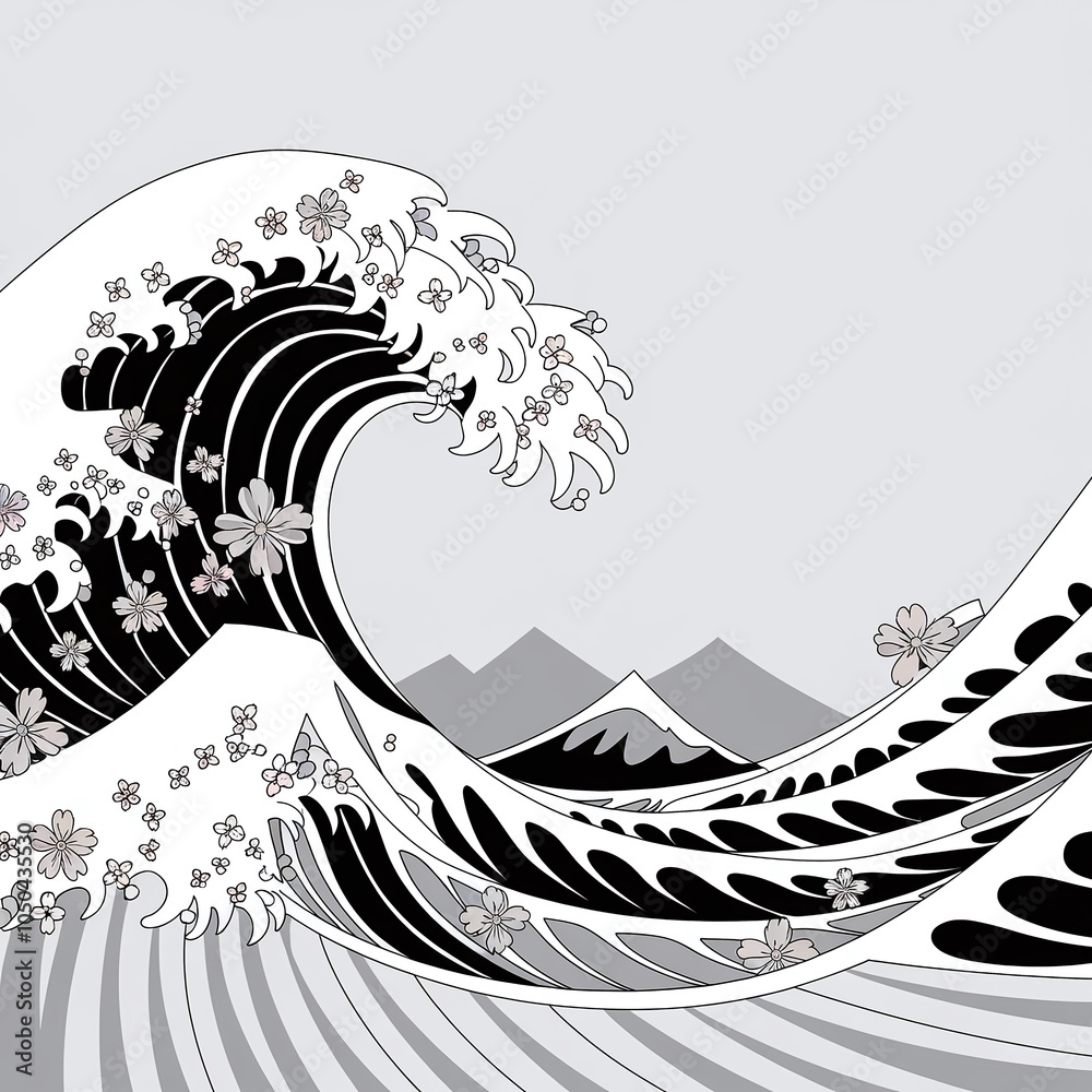 Aufkleber Monochrome illustration of a wave pattern with floral elements and mountain background capturing tranquility and motion in nature
