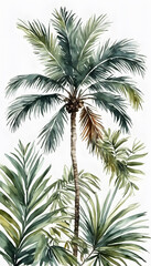 Watercolor painting of a palm tree with lush green fronds against a soft, textured background.