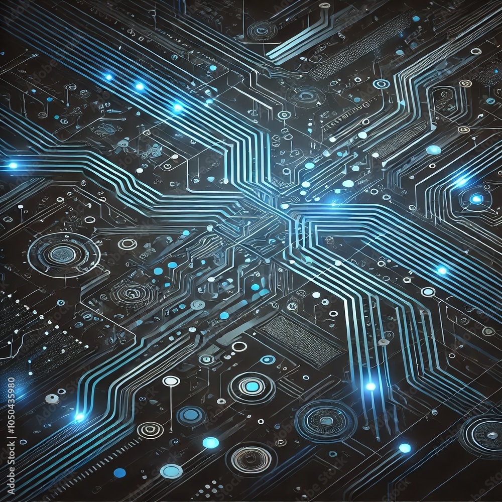 Poster Exploring the future a detailed visualization of a futuristic circuit board with intricate patterns and glowing connections in blue and black colors