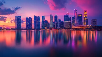 Fototapeta premium A breathtaking cityscape at sunset, with towering skyscrapers reflecting in the calm water. The sky is ablaze with vibrant colors of pink, orange, and purple, creating a stunning visual spectacle. Thi