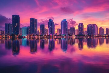 Fototapeta premium A breathtaking view of a modern city skyline at sunset, with skyscrapers reflecting in the calm water, showcasing a vibrant urban landscape with warm colors and a sense of peace.