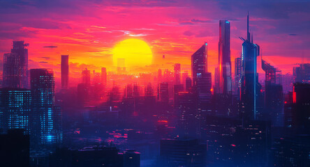 A stunning cityscape with neon lights illuminating the skyscrapers as a vibrant sunset casts warm hues across the sky, symbolizing urban life, modernity, energy, progress, and hope.