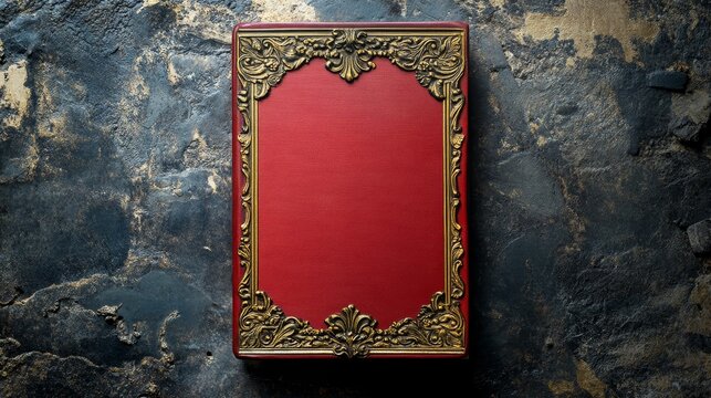 Vintage book cover mockup with an ornate gold frame and red leather, perfect for showcasing book titles, authors, and designs.