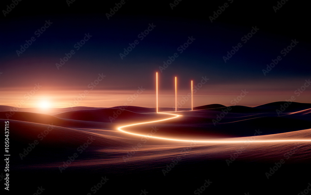 Poster A serene landscape features a winding path illuminated by beams of light, with a vivid sunset creating a dramatic backdrop.
