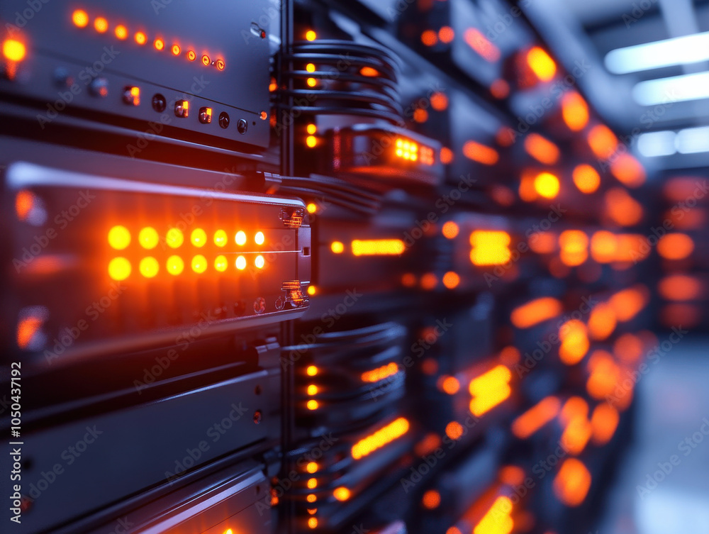Leinwandbilder a close-up view of illuminated server racks, showcasing numerous lights and cables, indicating activ