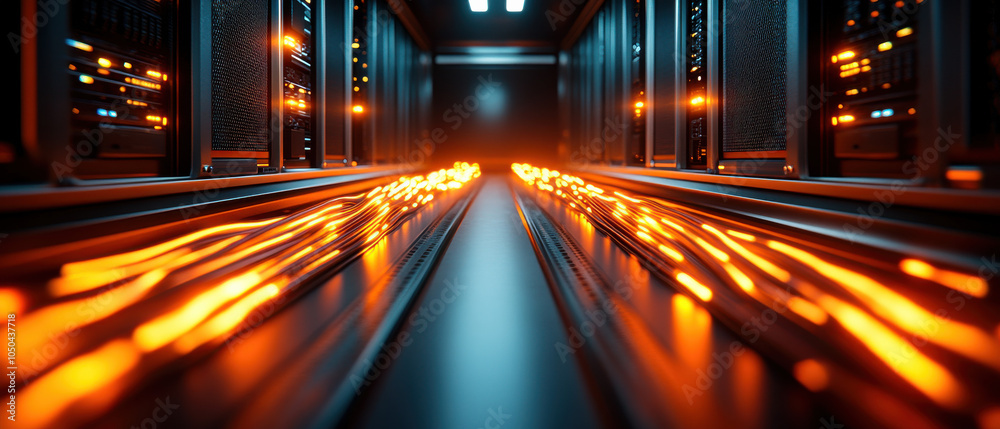 Fototapete a futuristic data center corridor illuminated by glowing orange lights with racks of servers on eith