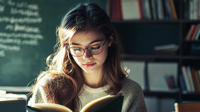 A young woman wearing glasses reads a book in a library