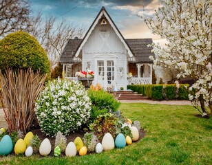 house with flowers adn easter decoration