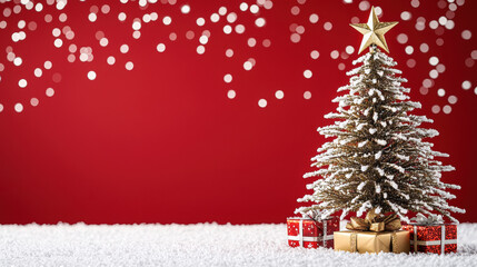 Obraz premium beautifully decorated Christmas tree with star on top, surrounded by festive gifts, creates warm and joyful holiday atmosphere