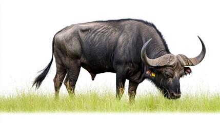 A strong buffalo grazing in a grassy field, isolated on a white background