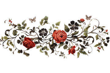 Ribbon with dark botanical motifs, including roses and foliage, elegantly curling on a crisp white background