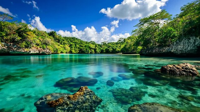 A picturesque lagoon in Palau, with clear turquoise waters and lush green vegetation on the surrounding islands