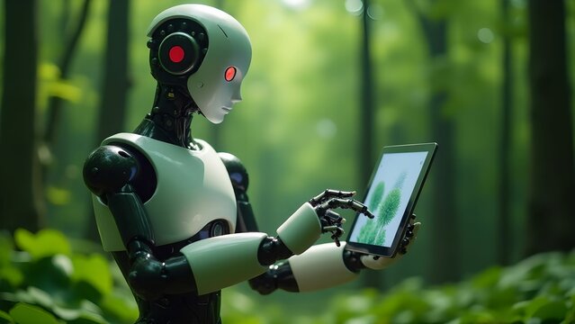 Exploring nature through technology, a robot interacts with a tablet surrounded by lush green forests.