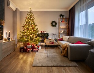modern living room with christmas tree