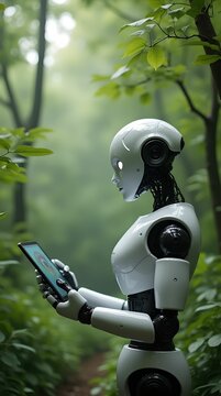 Exploring nature through technology, a robot interacts with a tablet surrounded by lush green forests.