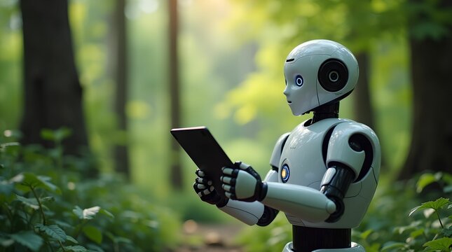 Exploring nature through technology, a robot interacts with a tablet surrounded by lush green forests.