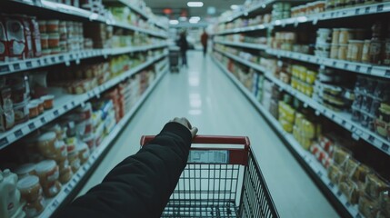 Naklejka premium A person pushes a shopping cart down an aisle in a grocery store. The aisles are stocked with various grocery items.