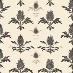 Vintage Damask thistle pattern on vintage beige fabric background, seamless repeating pattern, textile print style, minimal, Damask design, seamless thistle pattern, home decor, textiles