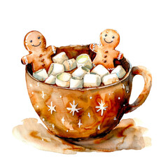 Hot chocolate with gingerbread cookie isolated on a transparent background.