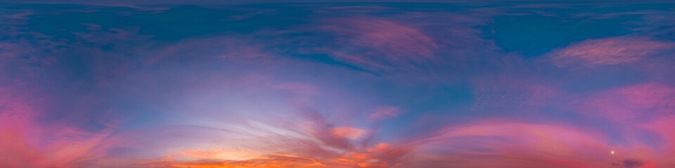 Obraz premium Sunset sky with bright glowing pink Cirrus clouds. Seamless spherical HDR 360 panorama. Full zenith or sky dome in 3D, sky replacement for aerial drone panoramas. Climate and weather change.