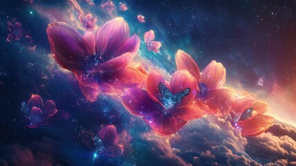 Naklejka premium A cosmic scene featuring vibrant, glowing flowers amidst a starry background.