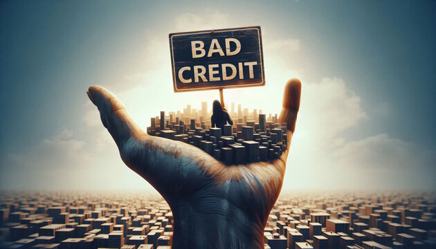 giant hand holding a miniature city, with a lone figure standing on a rooftop, holding a sign reading "Bad Credit". The hand symbolizes the oppressive force of bad credit, while the blurry cityscape r