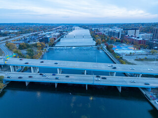 Grand Rapids downtown and Grand River Drone view