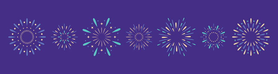 Exploding festival fireworks set Isolated on purple background. Flat style. Design concept for holiday banner, poster, flyer, greeting card, decorative elements. Happy New Year poster. Diwali card