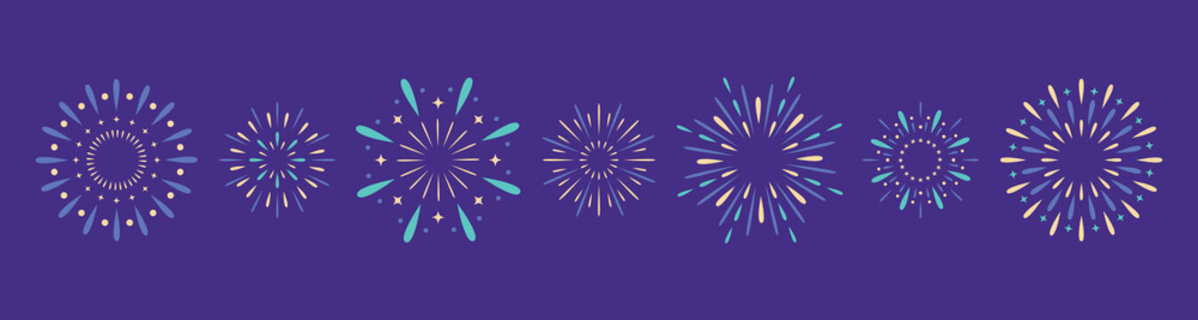 Exploding festival fireworks set Isolated on purple background. Flat style. Design concept for holiday banner, poster, flyer, greeting card, decorative elements. Happy New Year poster. Diwali card