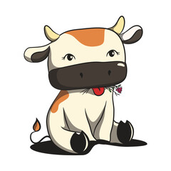 cute cartoon cow is sitting and eating grass