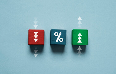 Percentage sign symbol between down and up arrow for financial banking increase interest rate or...