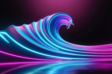 Vibrant Neon Light Waves on Black Background. Futuristic Abstract Digital Art