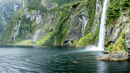 Naklejka premium A picturesque New Zealand fjord with steep cliffs, lush greenery, and a scenic waterfall cascading into the water below