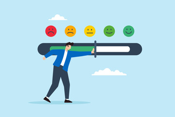 Flat illustration of man push customer feedback bar to excellent smile effort to improve product service rating survey review opinion
